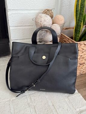 Skagen Black Leather Convertible Tote Crossbody Bag Work Laptop Satchel